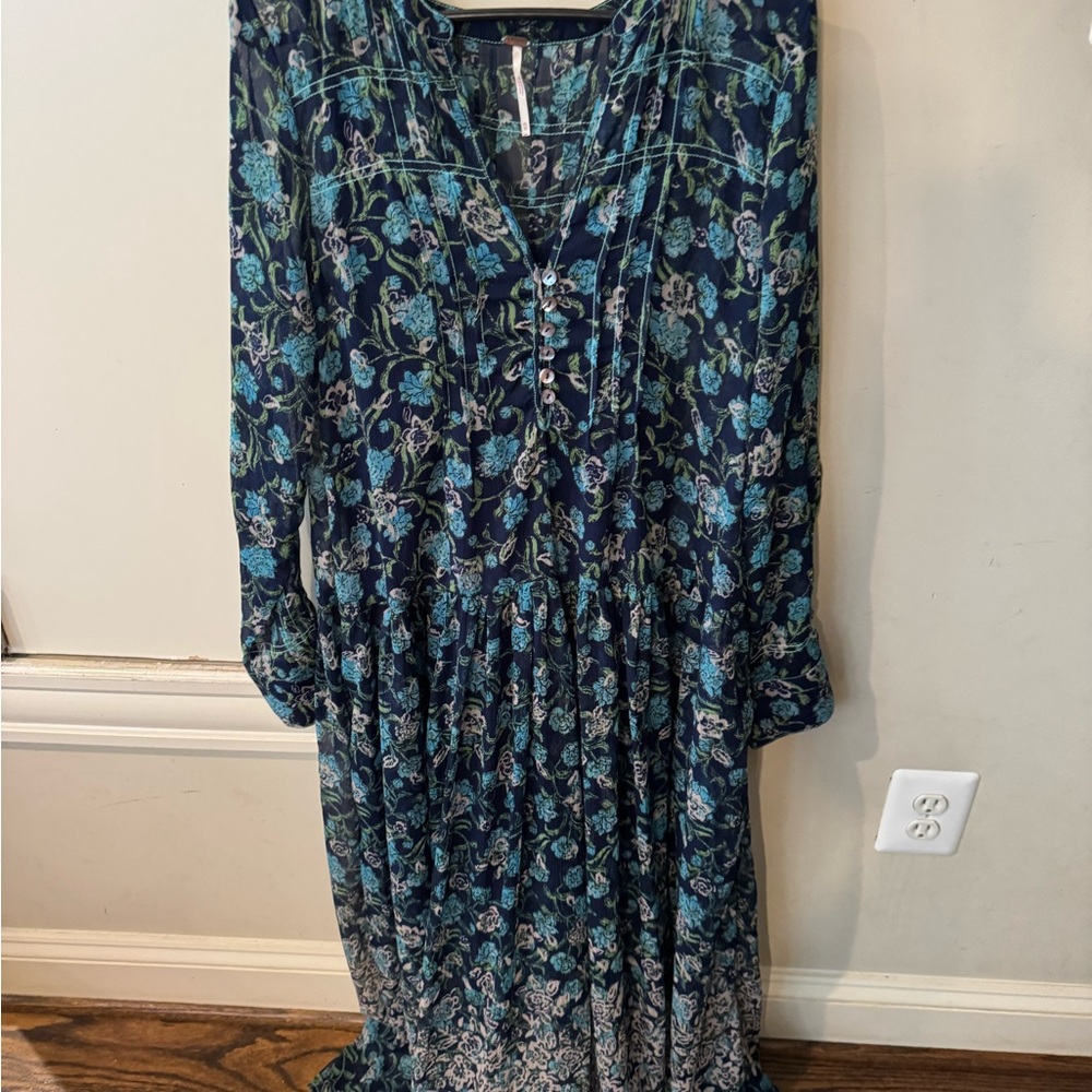 We The Free Blue and Black Long Sleeve V-Neck Sundress